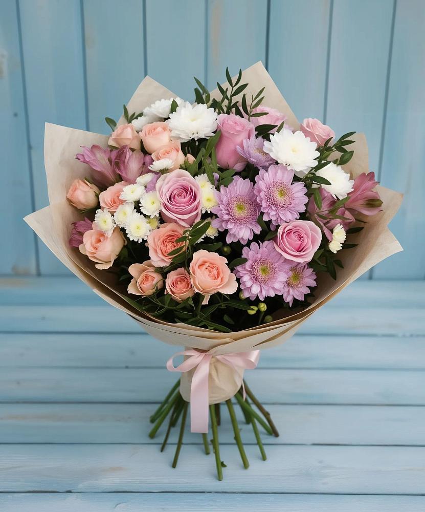 Букет цветов из: Хризантемы, Розы и Альстромерии в Путевке