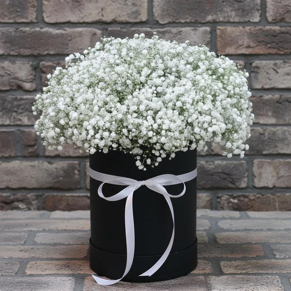 Цветочная композиция из Гипсофила в шляпной коробке в Путевке