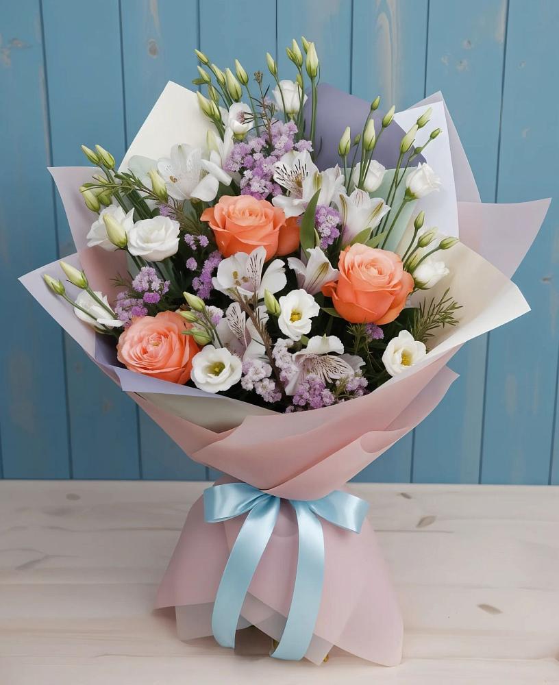 Букет цветов из: Лизиантусы, Розы, Альстромерии и Гипсофила в Путевке