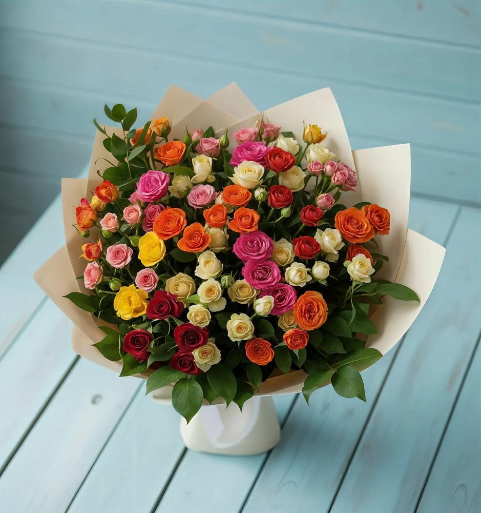 Букет Микс из разноцветных кустовых роз в Путевке