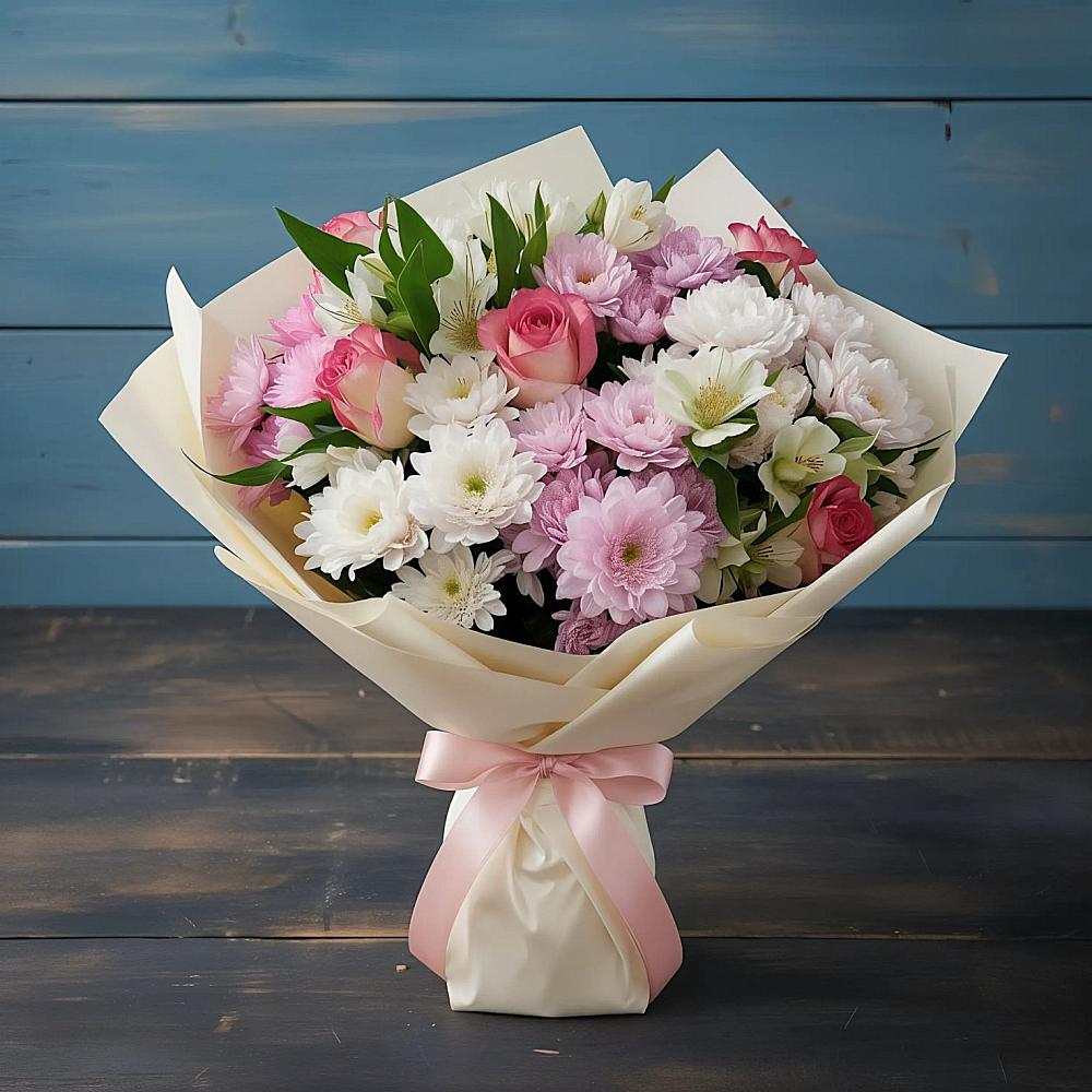 Букет цветов из: Хризантемы, Альстромерии и Розы в Путевке